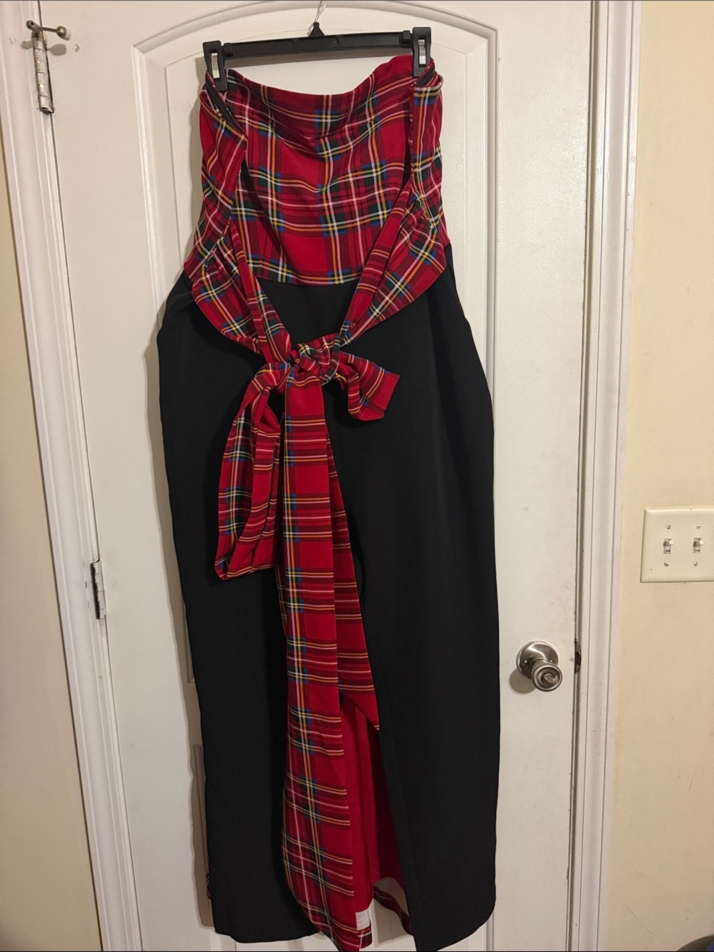 New York & Company Black Maxi Dress with Red Plaid Sash
